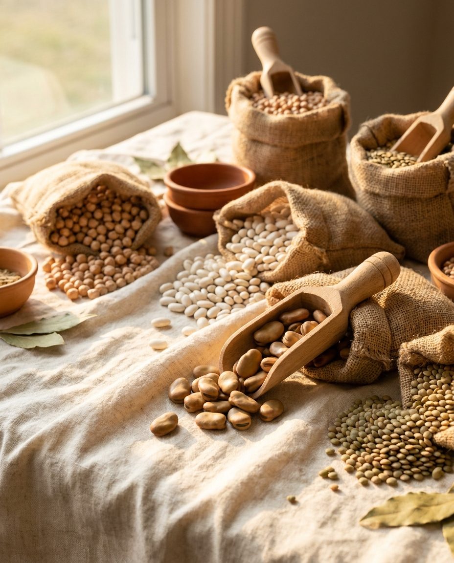 Dried legumes in sacks