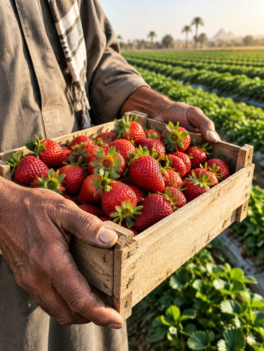 Freshly picked strawberries in a farmer's hands