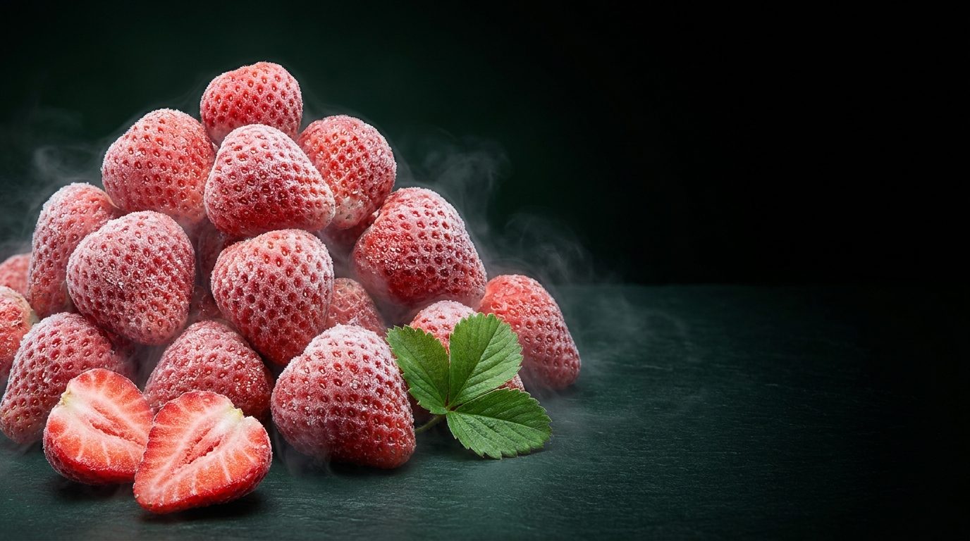 Individually quick-frozen strawberries covered in frost